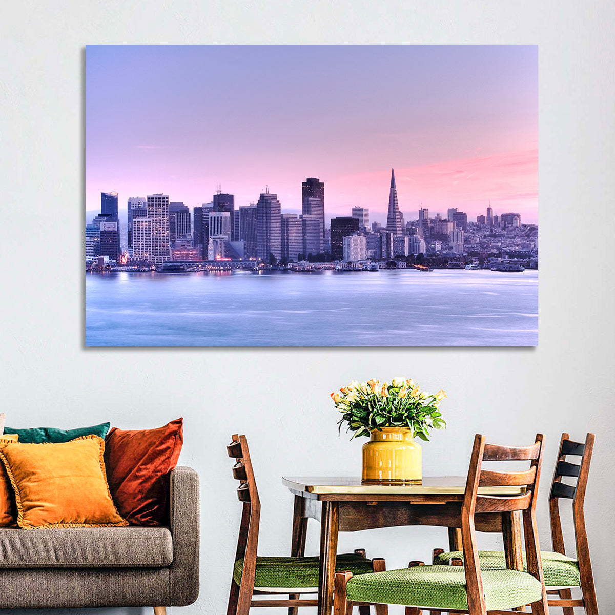 San Francisco Skyline at Lavender Dusk Wall Art in a room, landscape