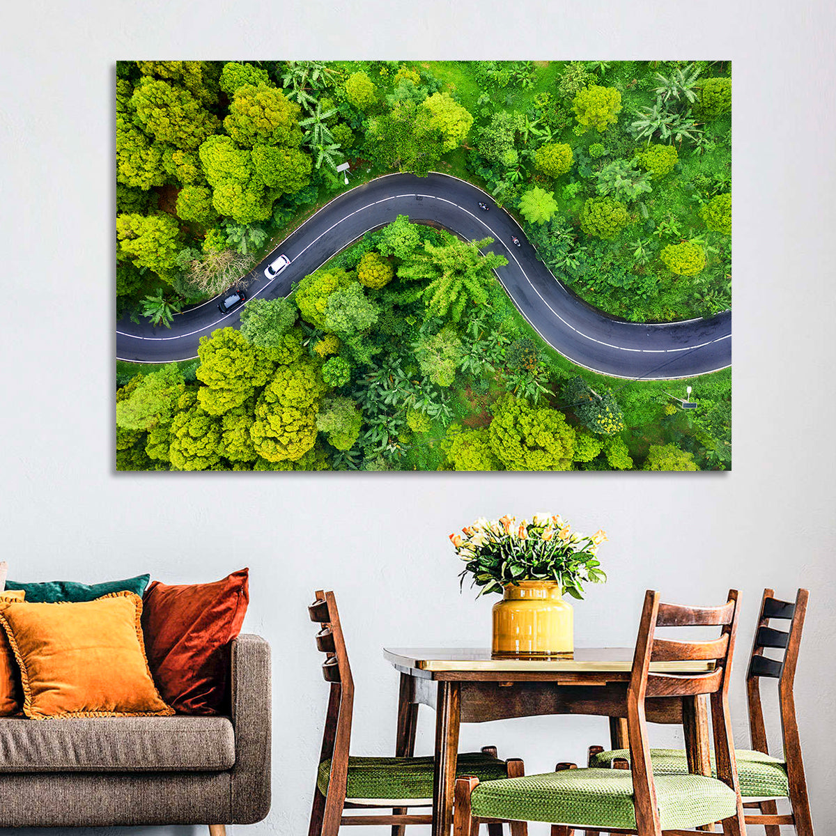 Winding Tropical Forest Road Wall Art in a room, landscape