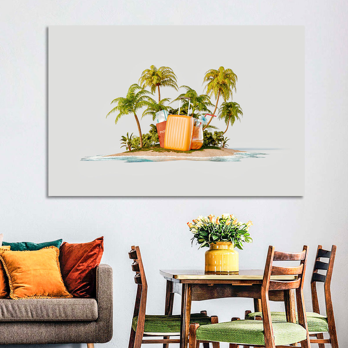Tropical Island Vacation Illustration Wall Art in a room, landscape