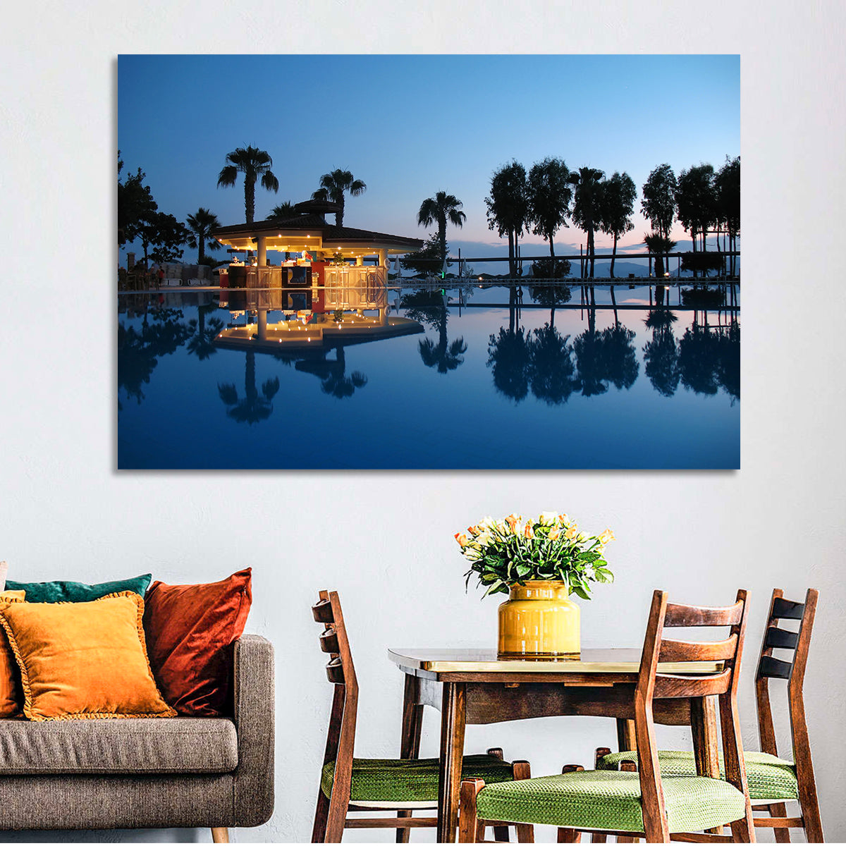 Twilight Poolside Bar Wall Art in a room, landscape