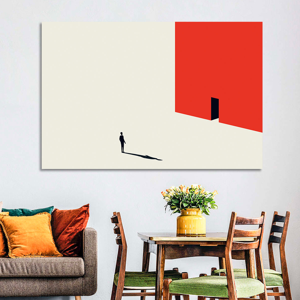 Solitary Figure with Red Door Wall Art in a room, landscape