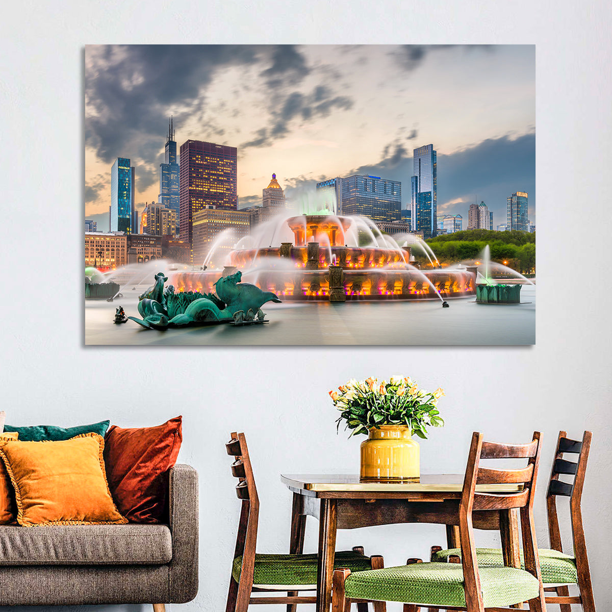 Buckingham Fountain and Chicago Skyline Wall Art in a room, landscape
