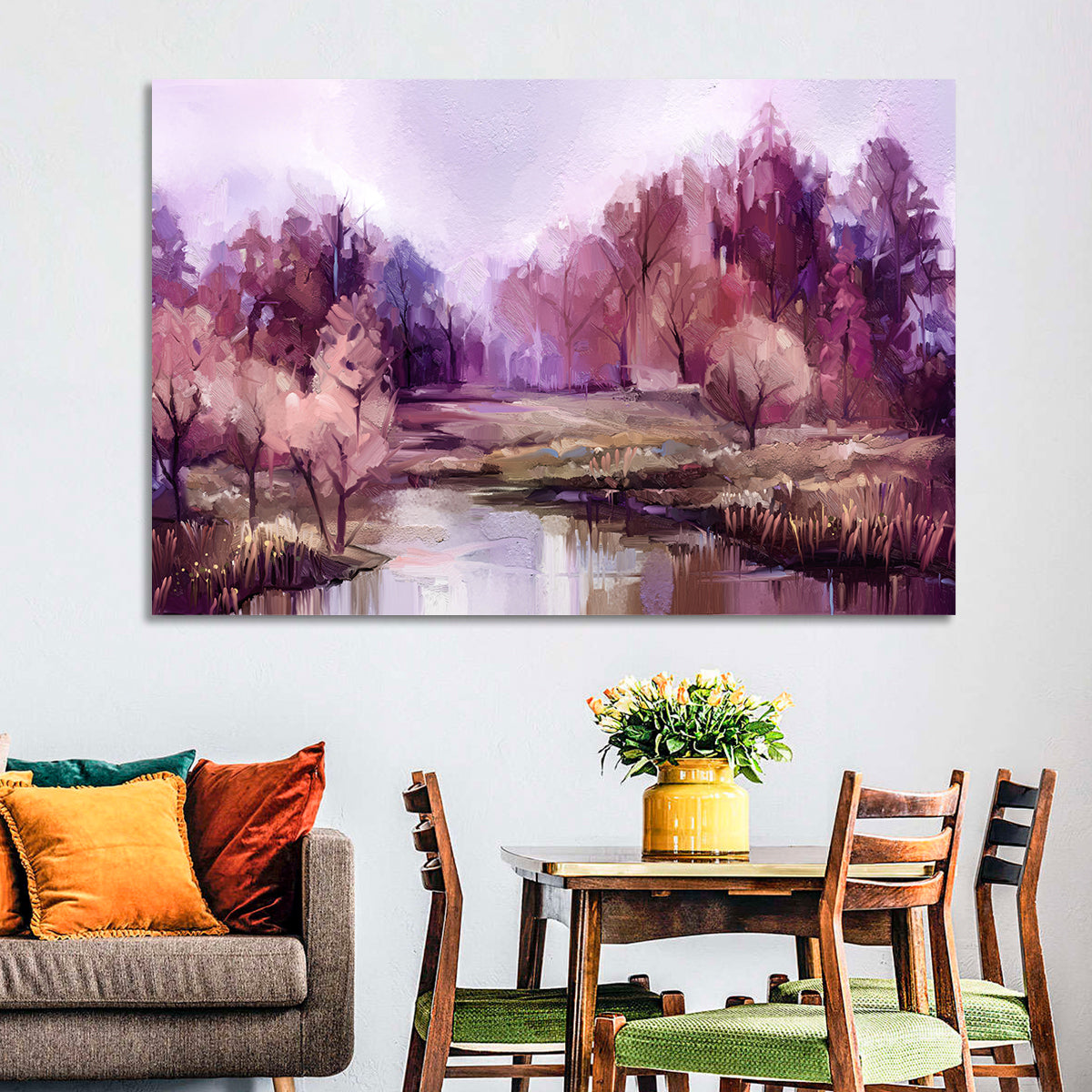 Lavender Autumn Forest Watercolor Wall Art in a room, landscape