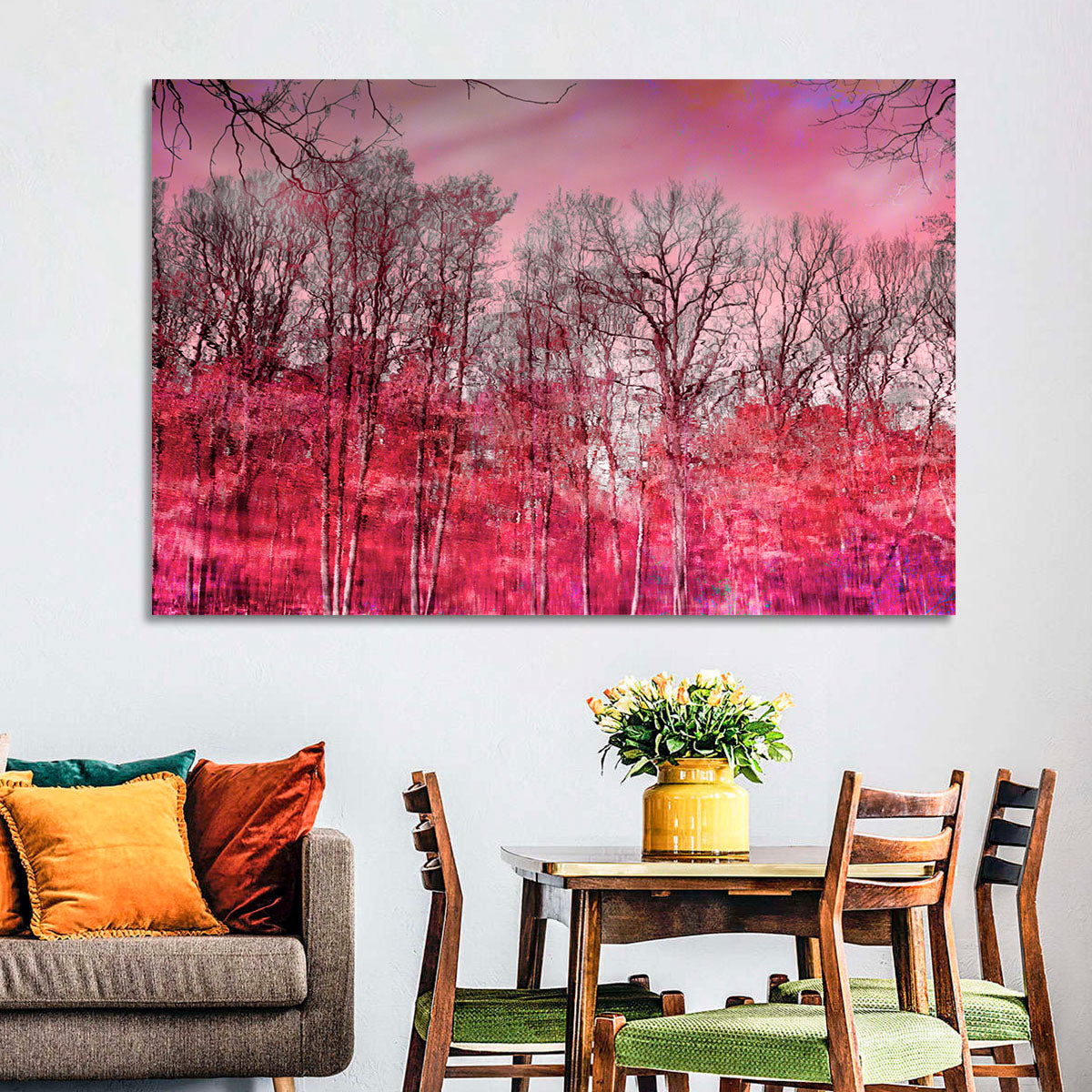 Autumn Trees Reflection Wall Art in a room, landscape