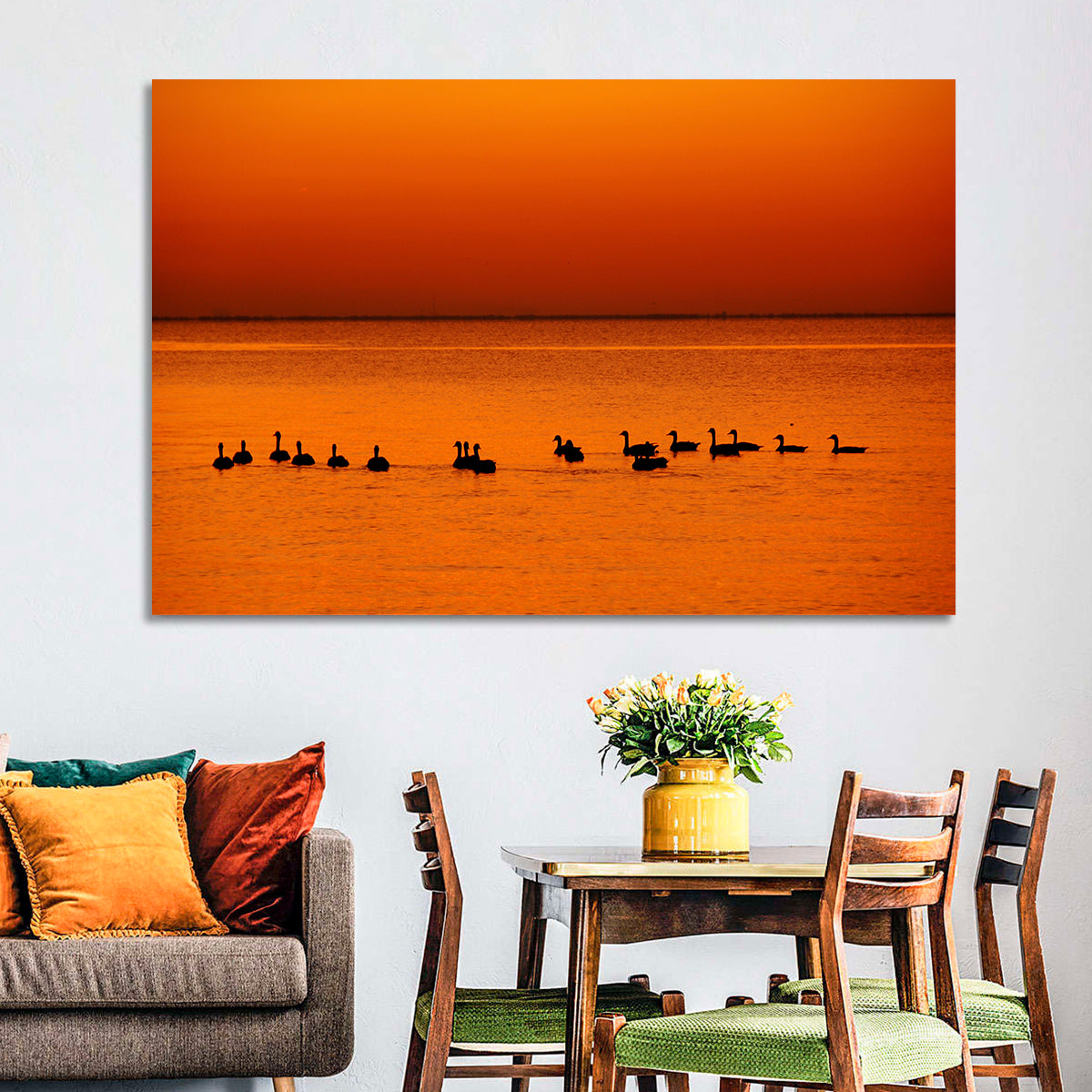 Geese Silhouettes at Orange Sunset Wall Art
