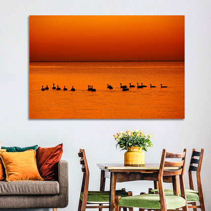 Geese Silhouettes at Orange Sunset Wall Art