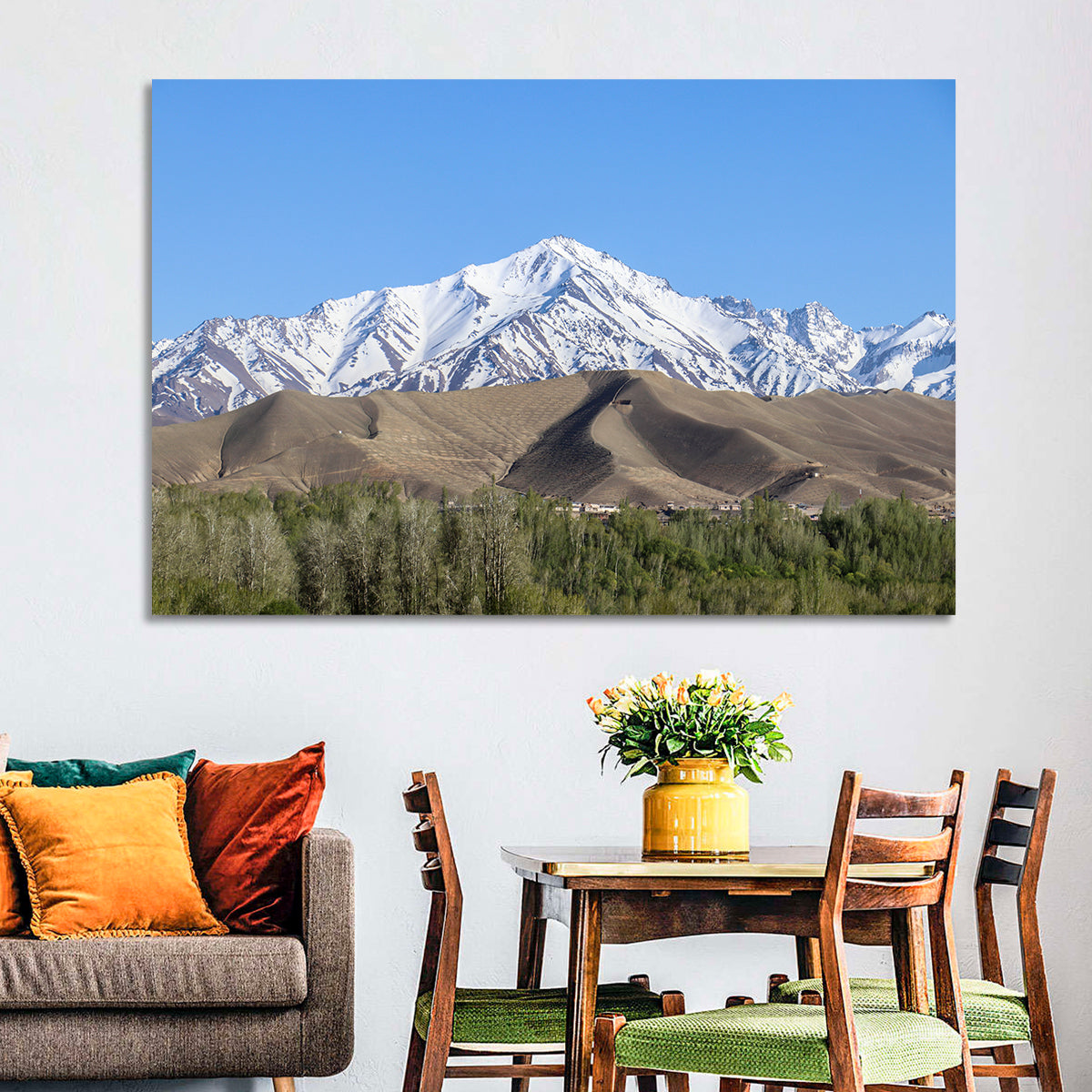 Afghan Snow-capped Peaks Above Forested Foothills Wall Art in a room, landscape