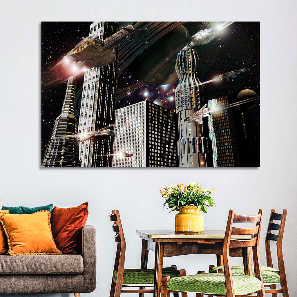 Ringed Planet Cityscape Wall Art