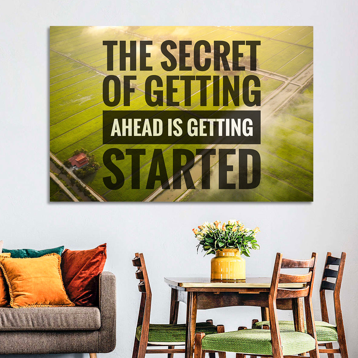 Getting Started Sunlit Farmland Wall Art in a room, landscape