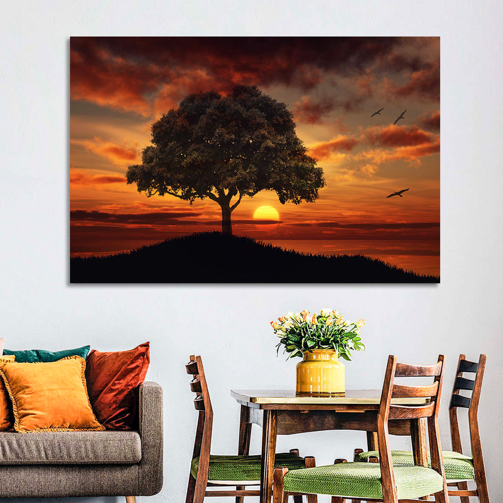 Lone Tree at Sunset with Birds Wall Art