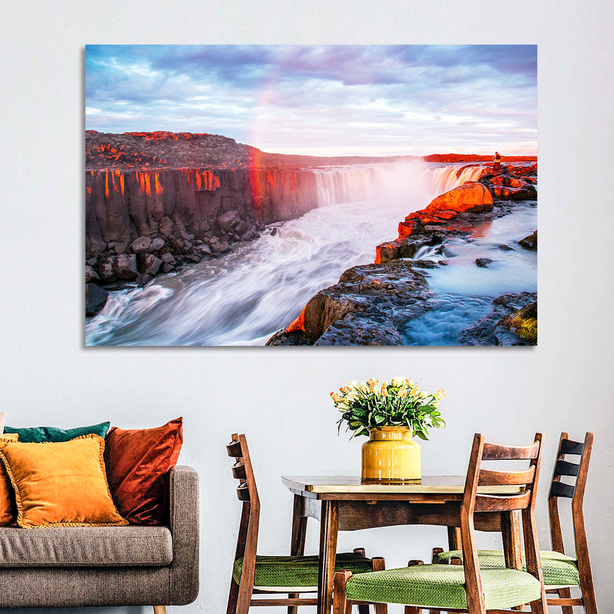 Golden Hour Selfoss Falls Rainbow Wall Art in a room, landscape