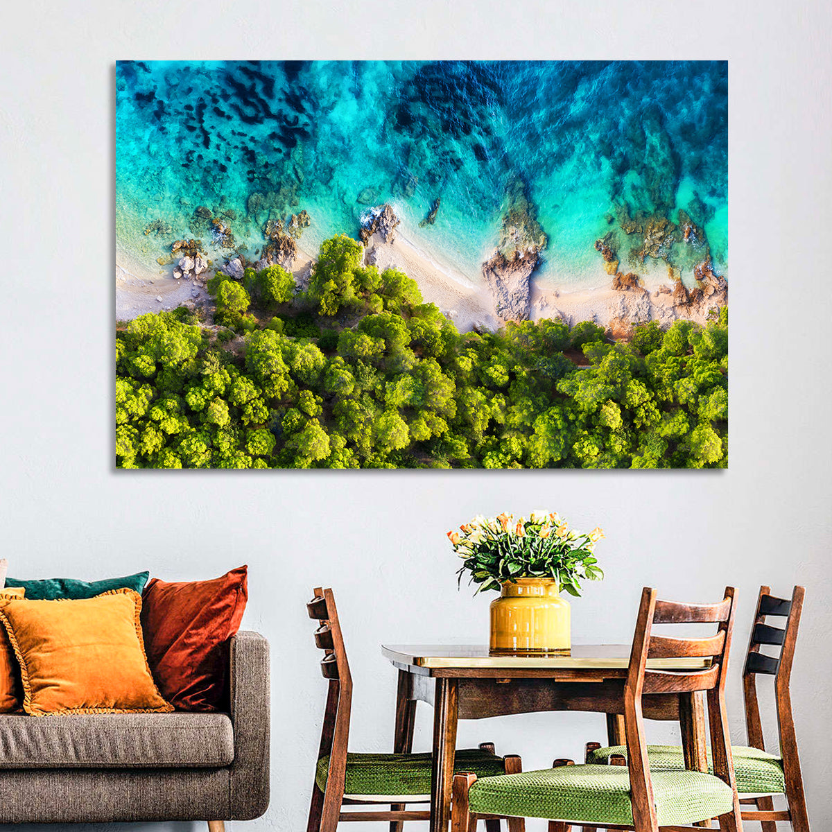 Croatian Turquoise Coastline Wall Art in a room, landscape