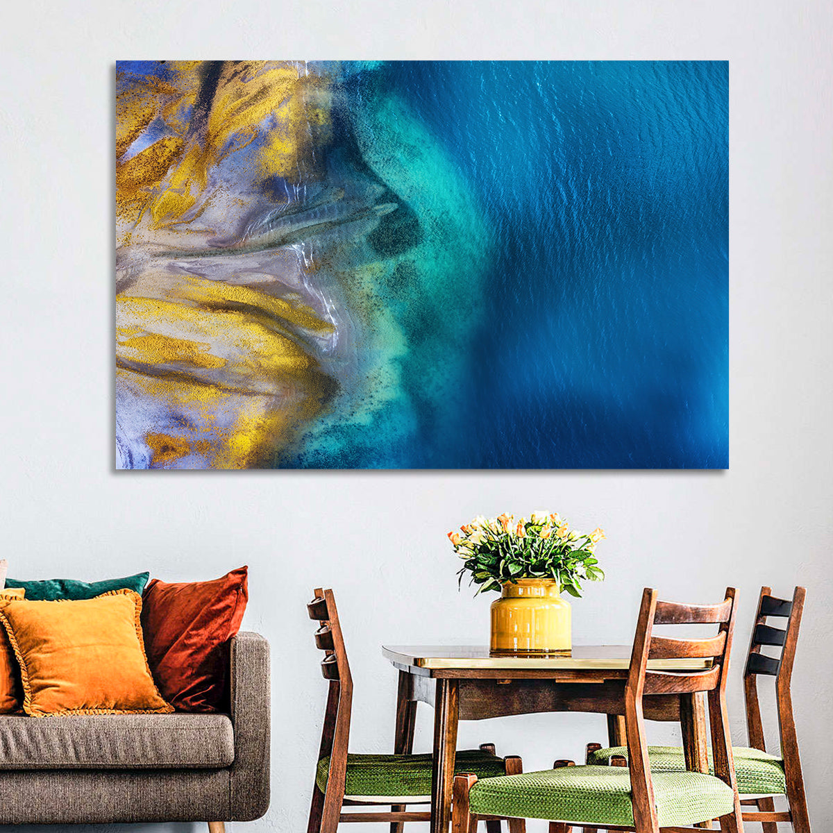 Golden Coast Abstract Wall Art in a room, landscape