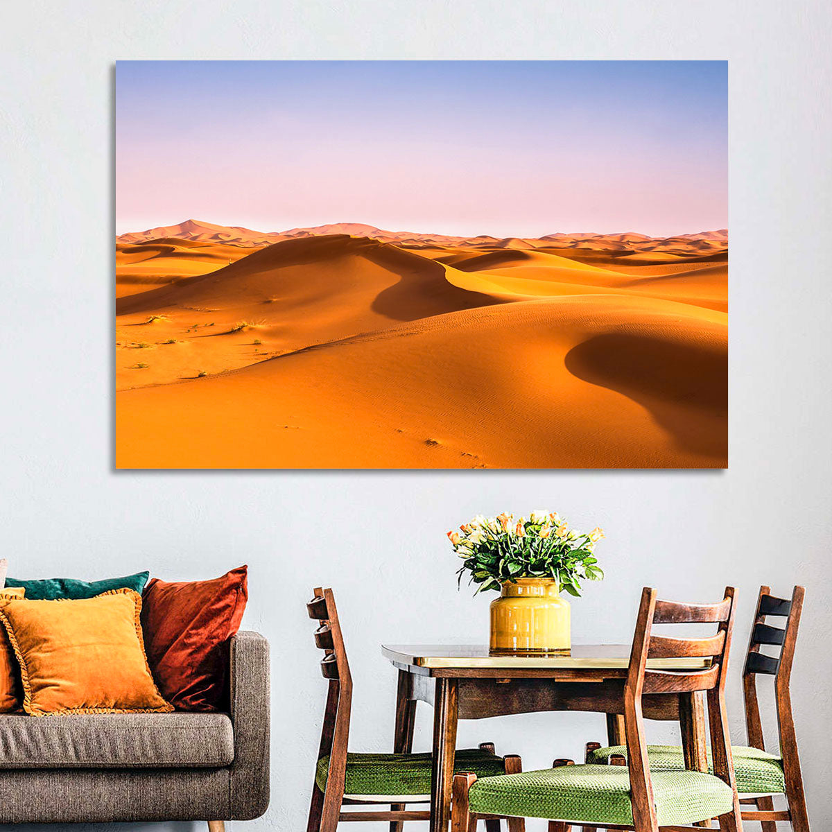 Golden Sahara Dunes Wall Art in a room, landscape