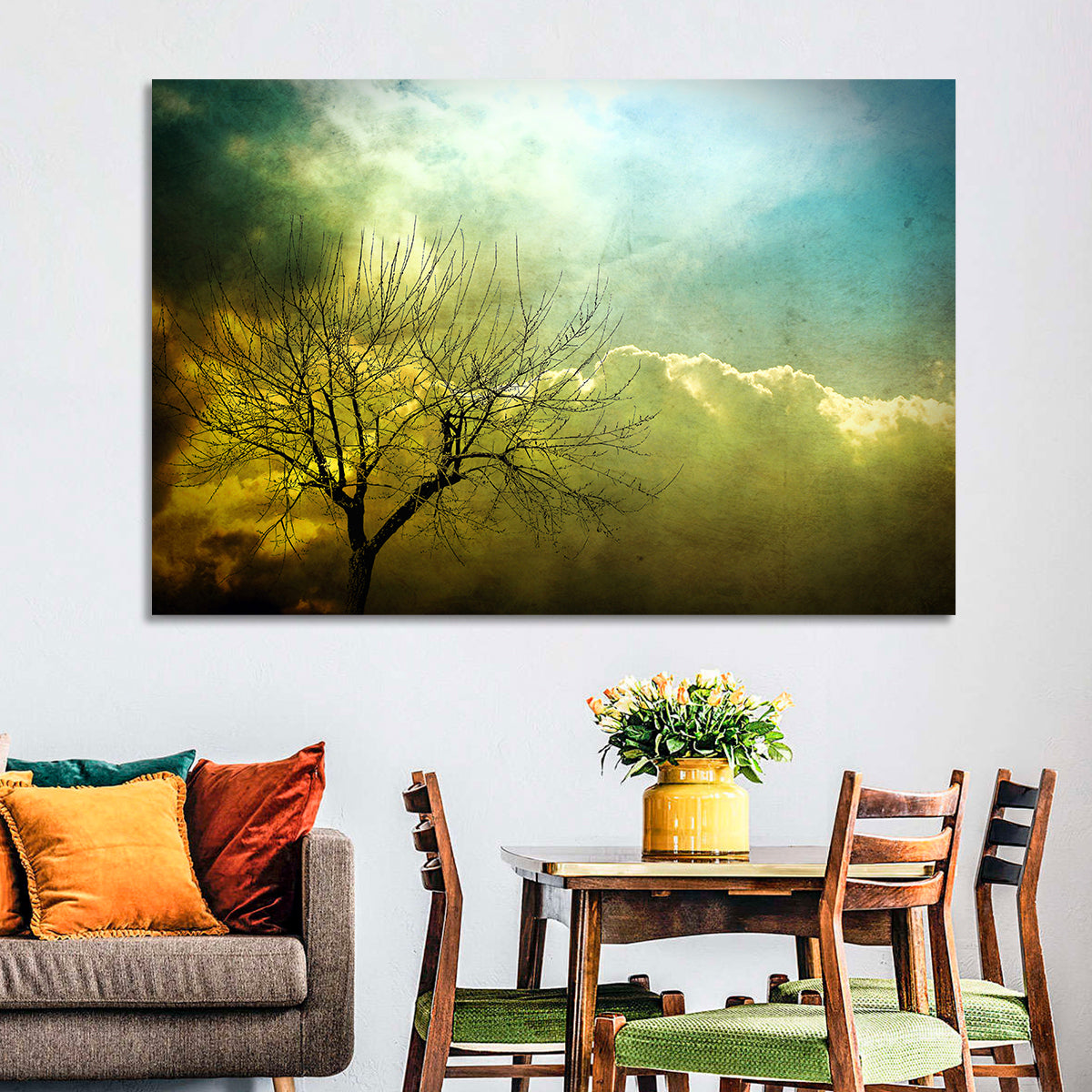 Moody Winter Tree Landscape Wall Art in a room, landscape