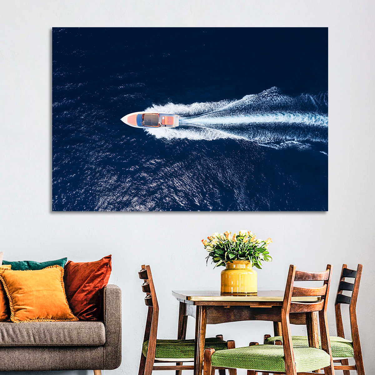 Sleek Speedboat Over Navy Sea Wall Art in a room, landscape