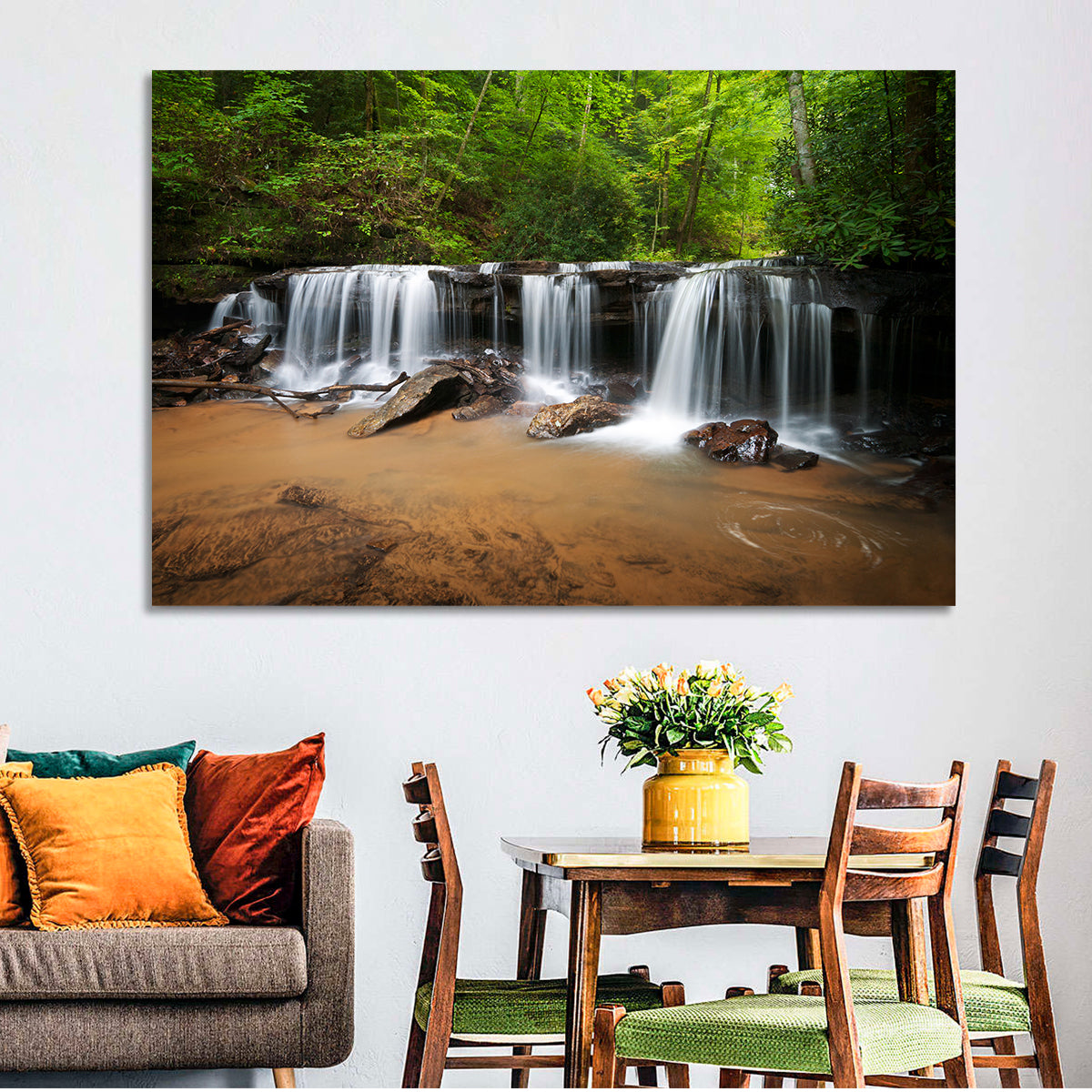 Lush Green Forest Waterfall Wall Art