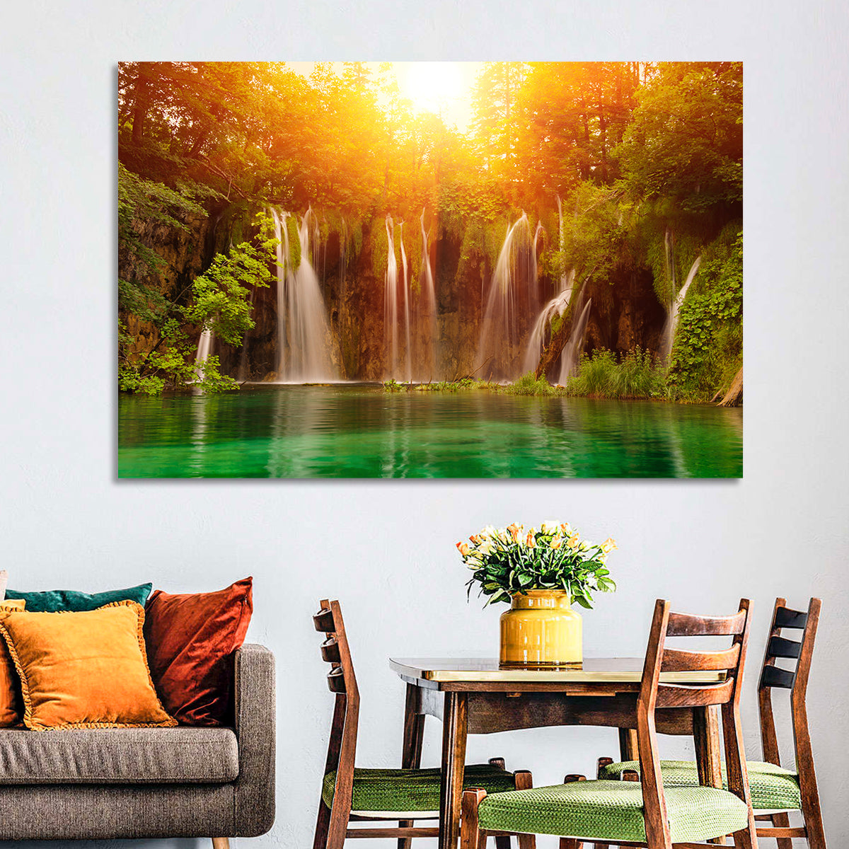 Plitvice Lakes Waterfalls Wall Art in a room, landscape