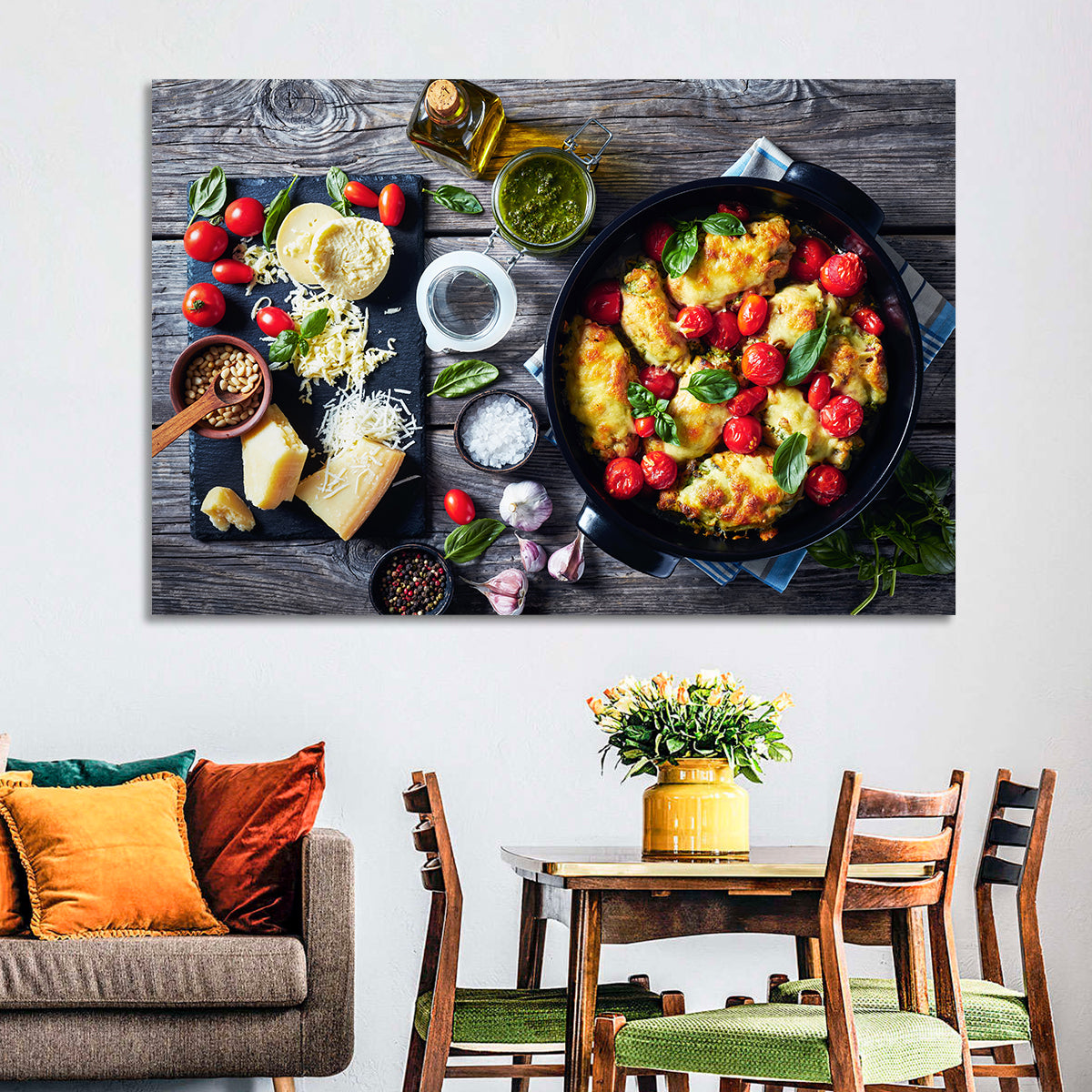 Pesto Baked Chicken Flat Lay Wall Art in a room, landscape