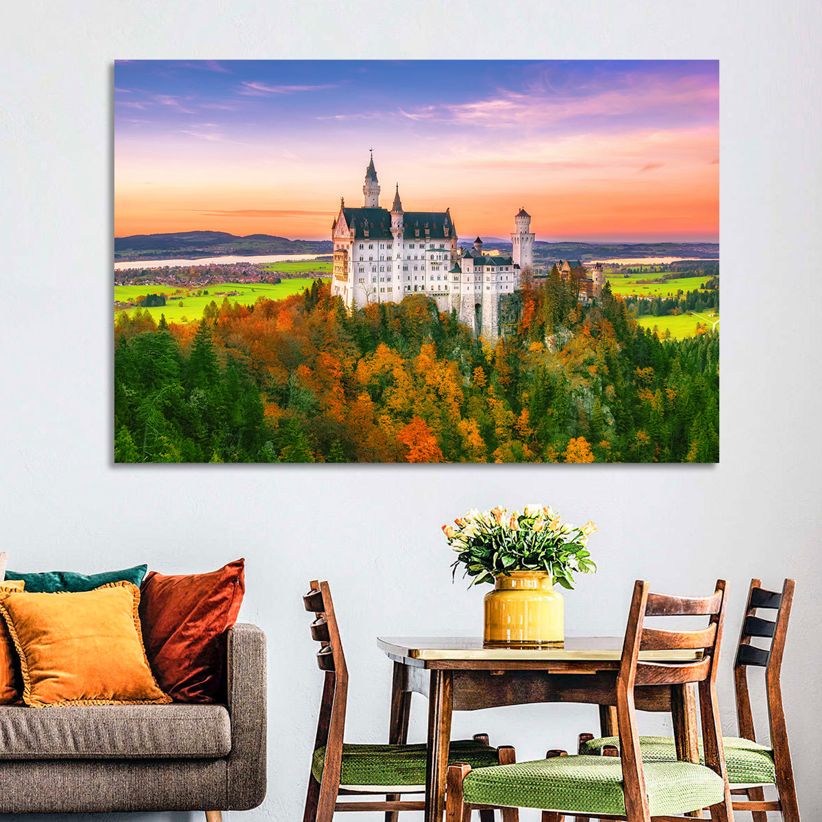Neuschwanstein Castle at Autumn Sunset Wall Art in a room, landscape