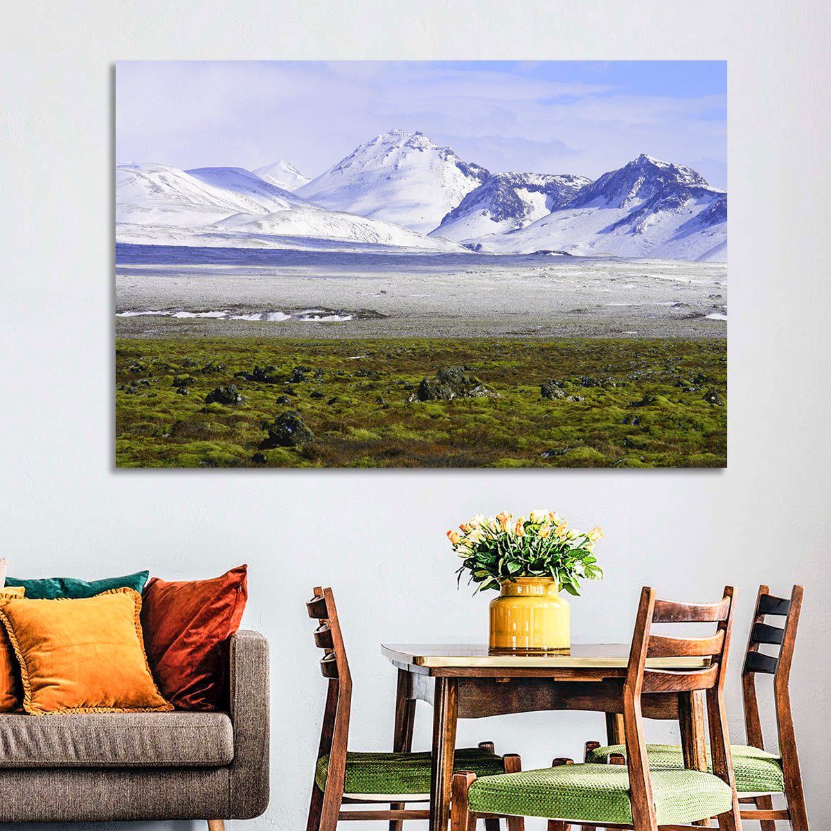 Icelandic Snow and Moss Landscape Wall Art in a room, landscape