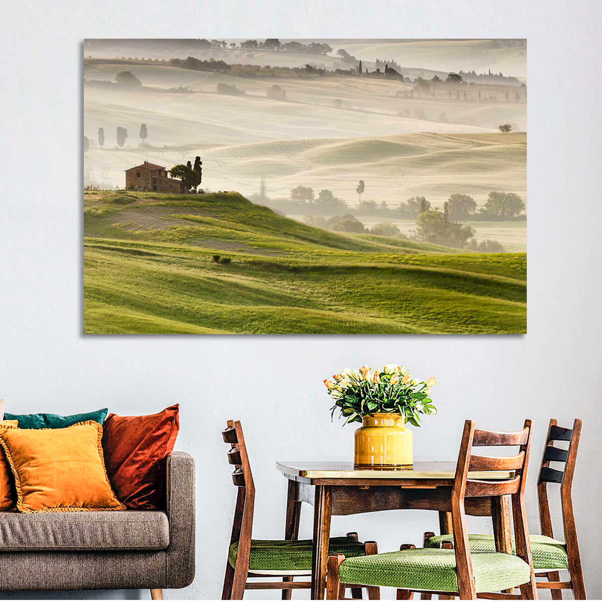 Foggy Tuscany Wall Art in a room, landscape