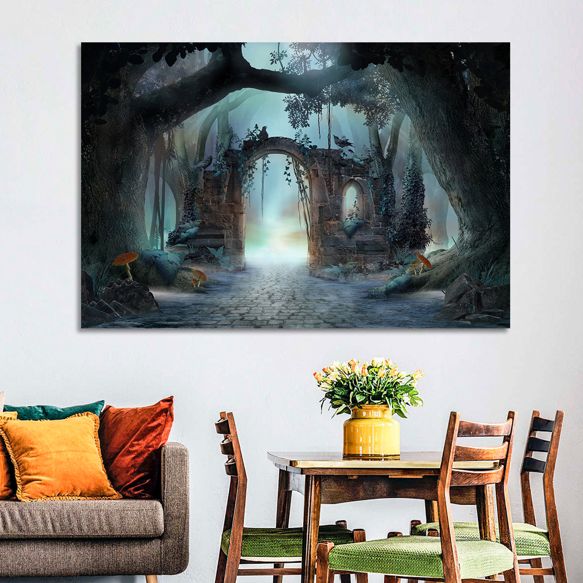 Enchanted Foggy Forest Wall Art in a room, landscape