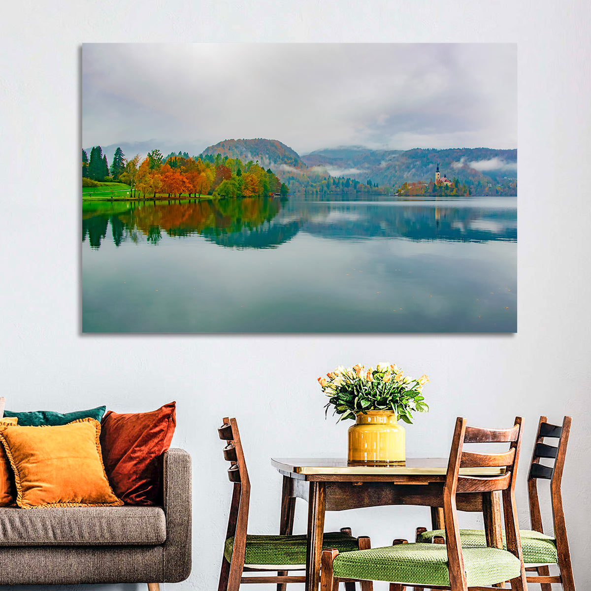 Lake Bled Island Church Wall Art in a room, landscape