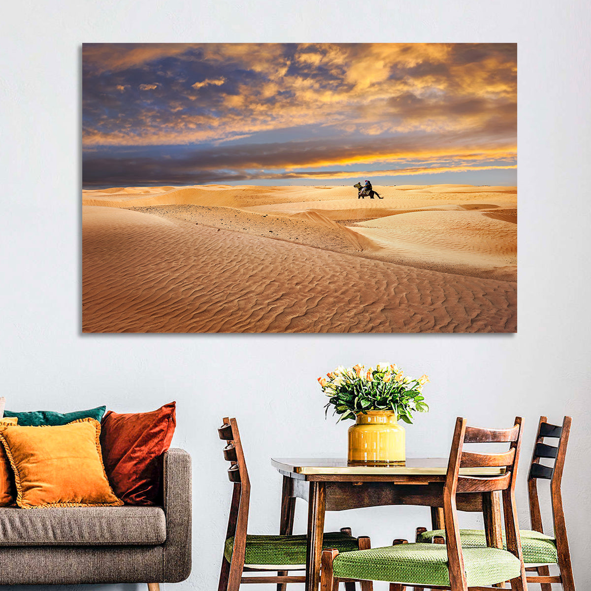 Sahara Camel Rider at Sunset Wall Art in a room, landscape