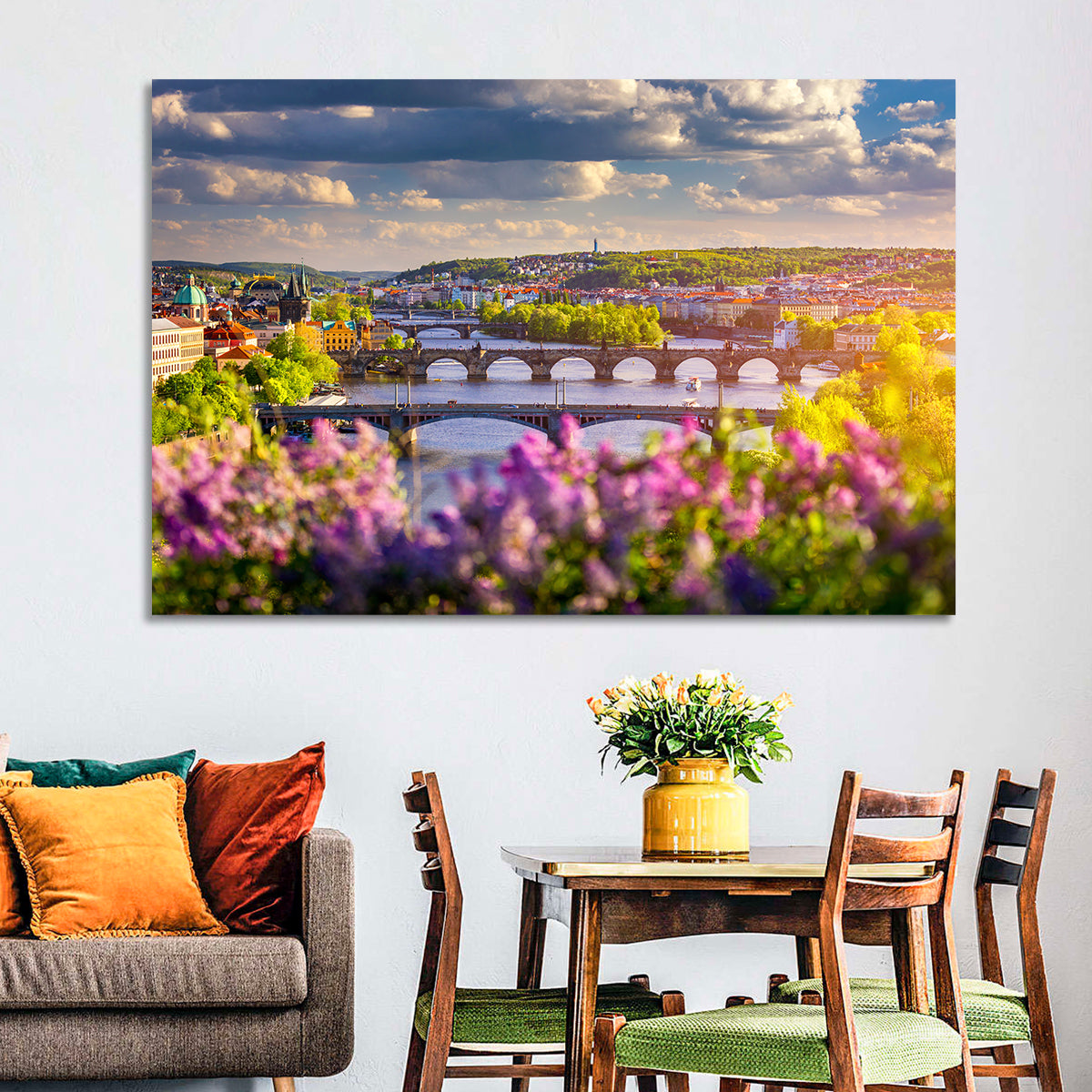 Prague Vltava Bridges in Spring Light Wall Art in a room, landscape