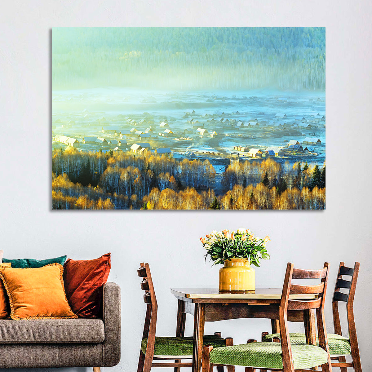 Misty Xinjiang Village Wall Art in a room, landscape