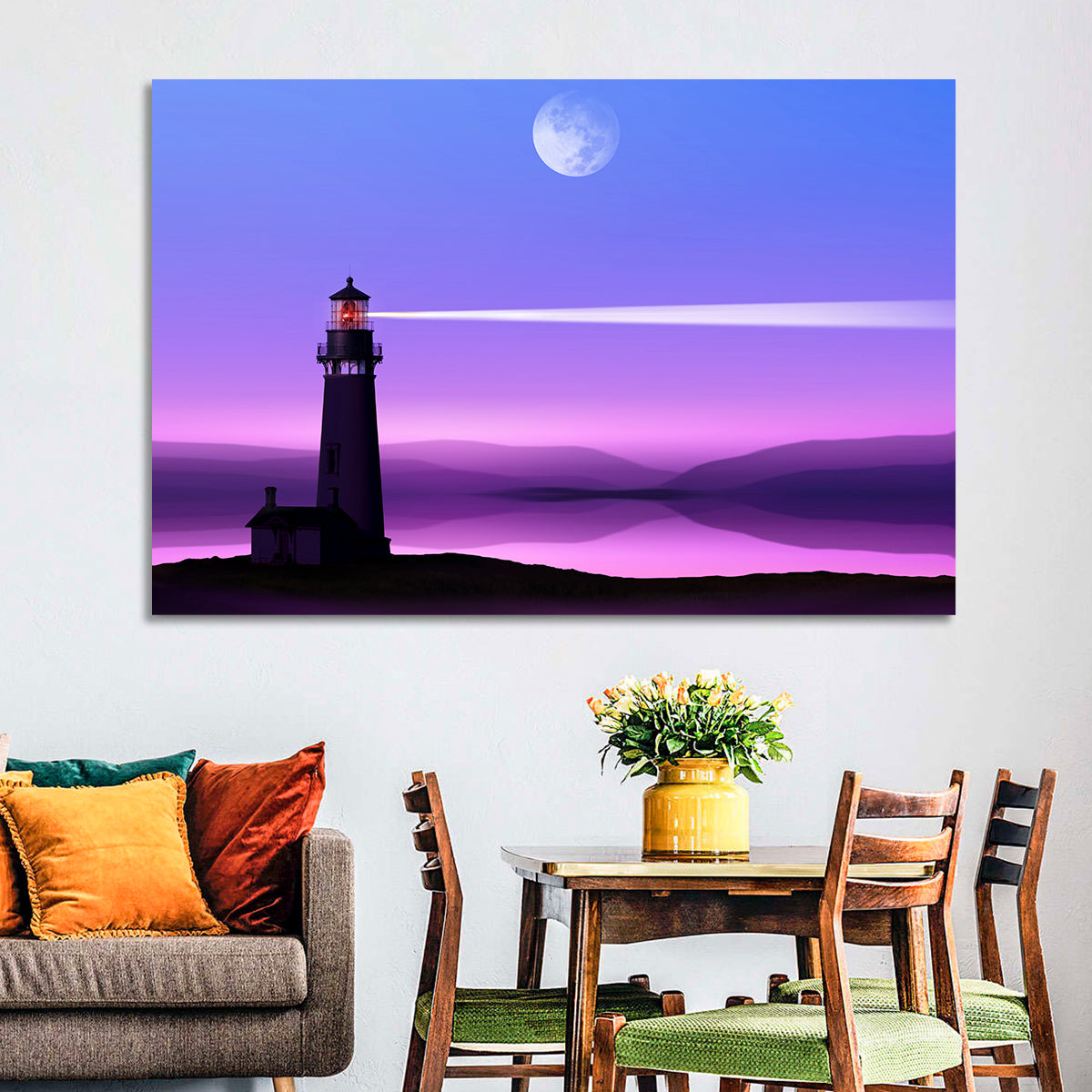 Moonlit Lighthouse Reflection Wall Art in a room, landscape