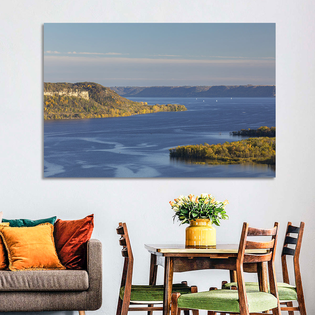 Mississippi River Autumn Panorama Wall Art in a room, landscape