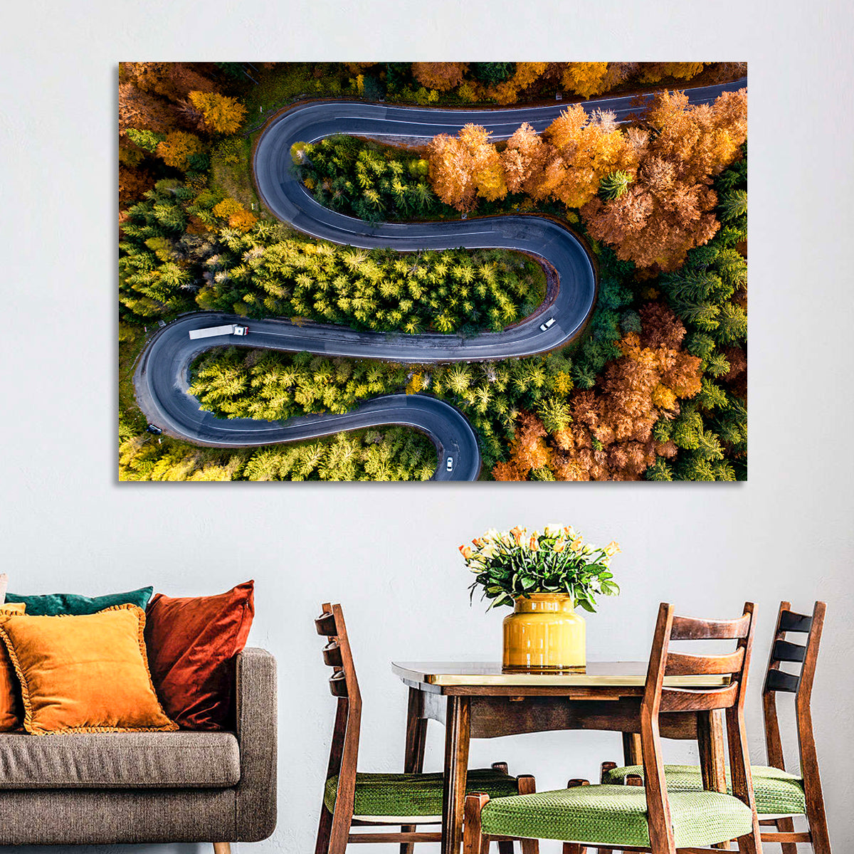 Serpentine Forest Road Wall Art in a room, landscape