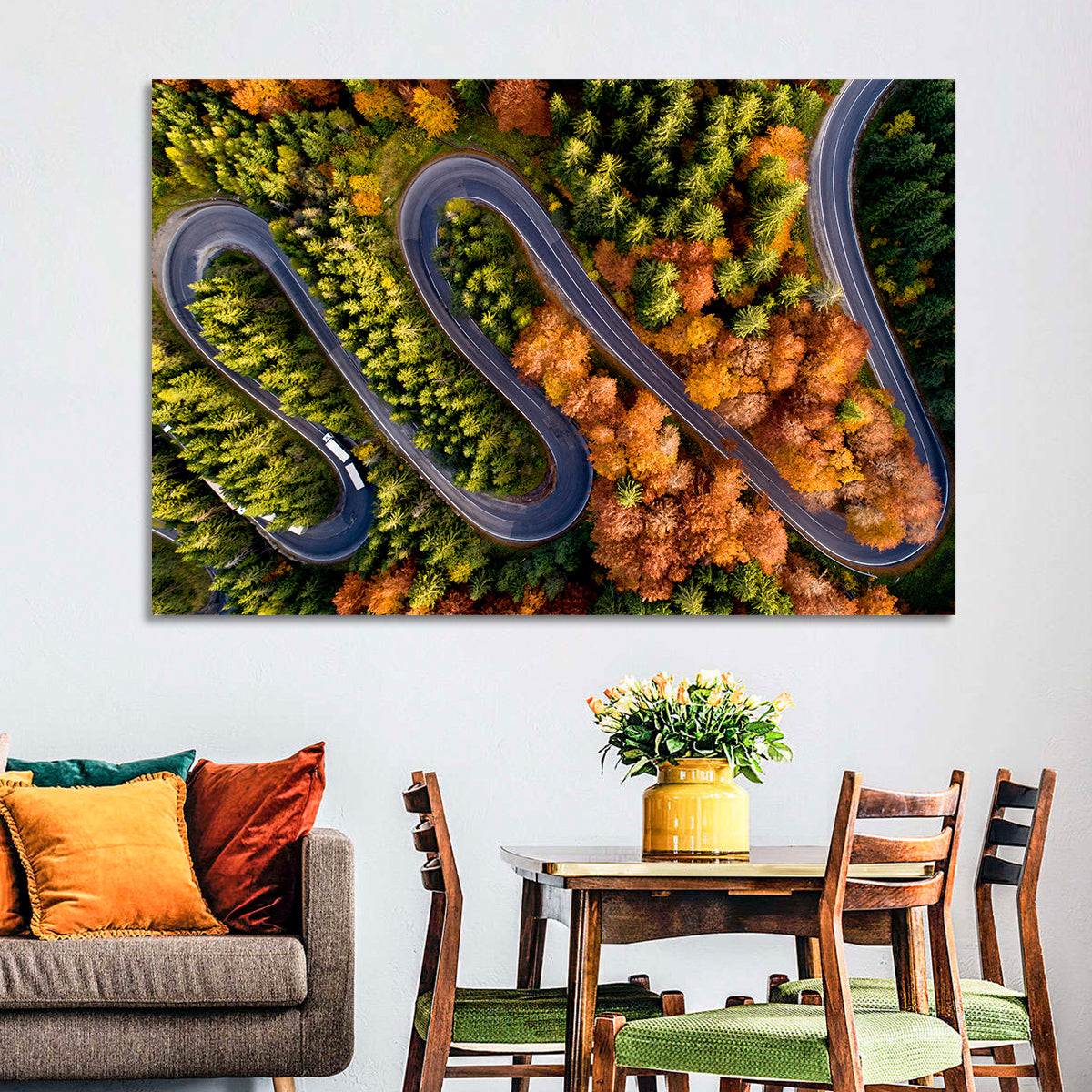 Autumn Aerial Mountain Road Wall Art in a room, landscape