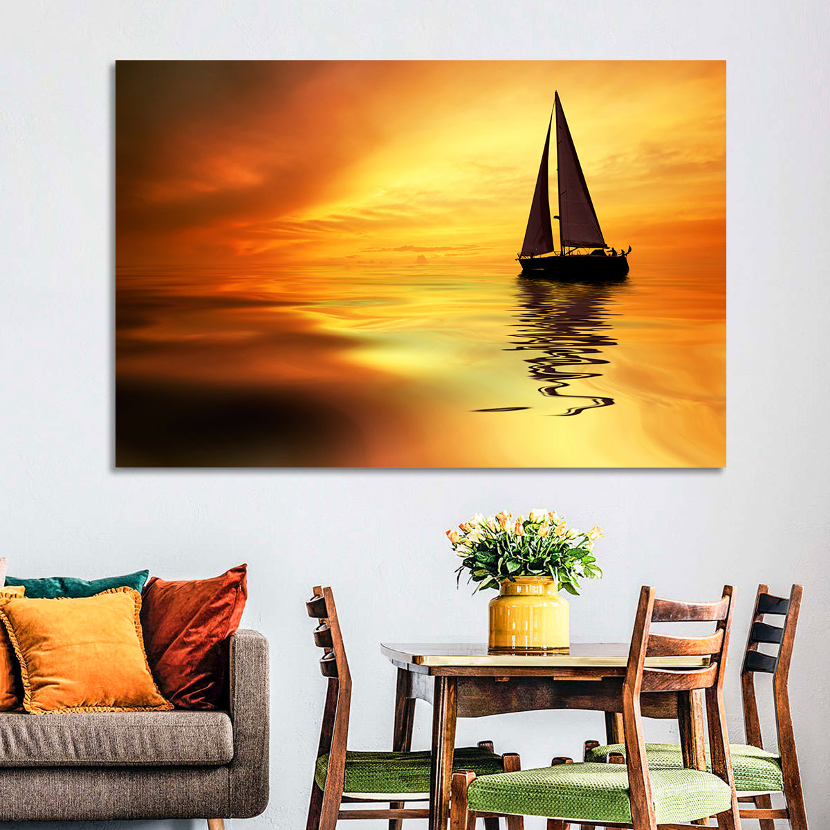 Golden Hour Sailboat Silhouette Wall Art in a room, landscape