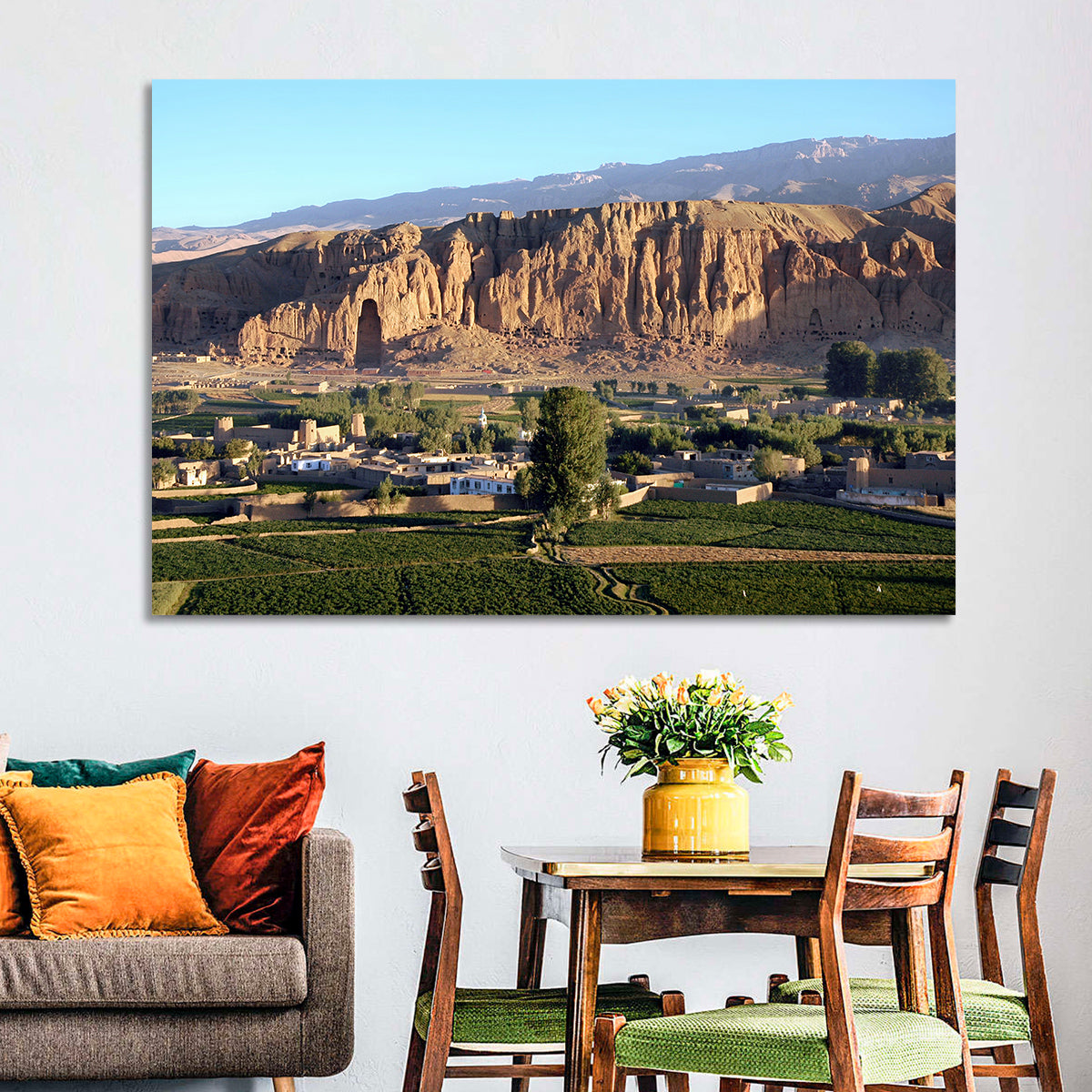 Bamiyan Valley Cliff Niche at Golden Hour Wall Art in a room, landscape