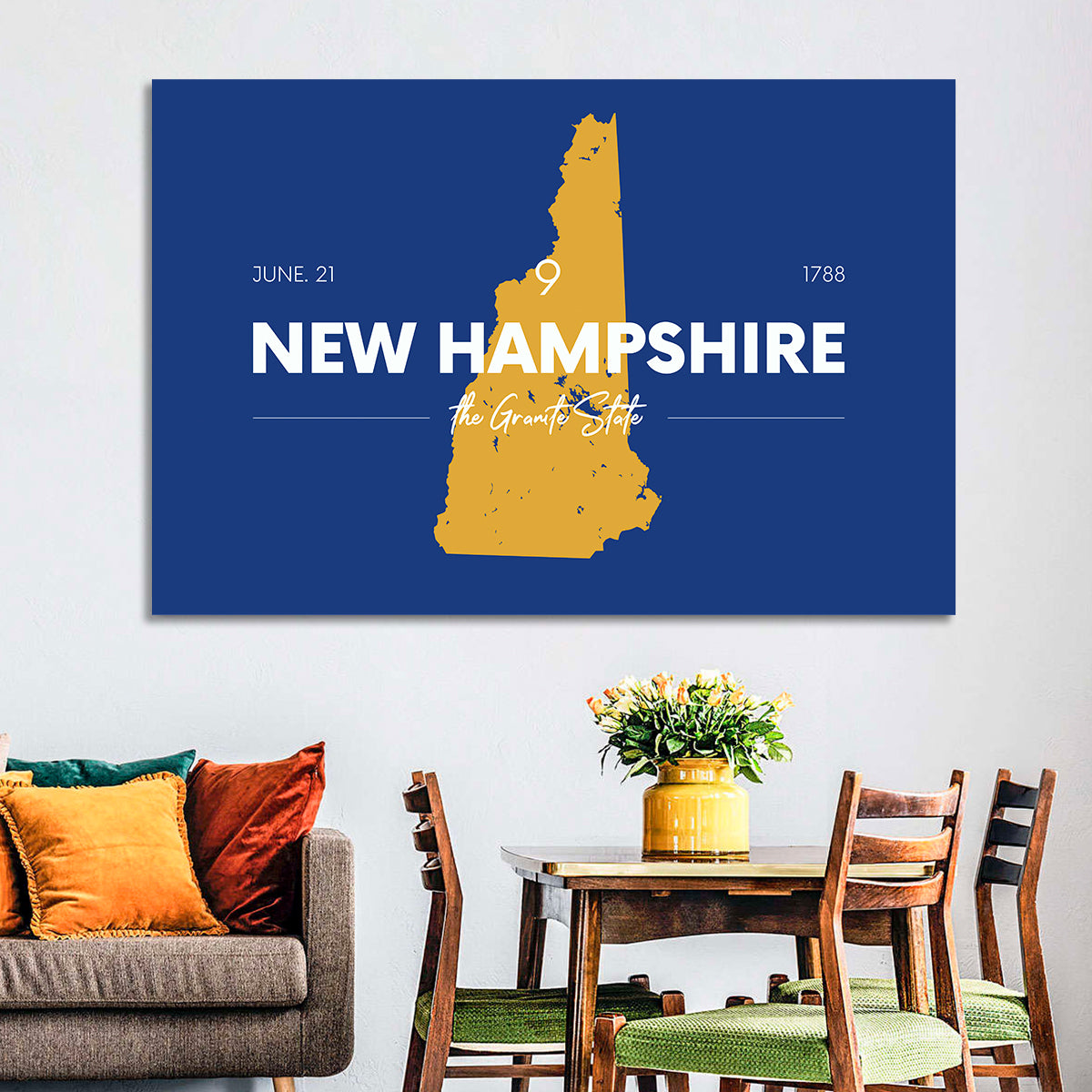 New Hampshire State Map, Blue and Gold Wall Art