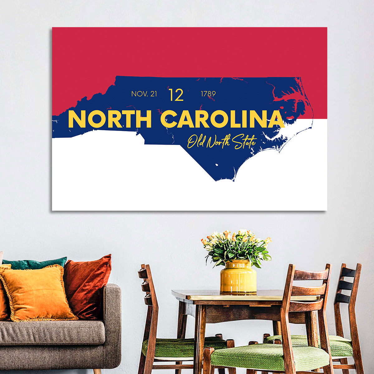 North Carolina Typographic Map Wall Art in a room, landscape