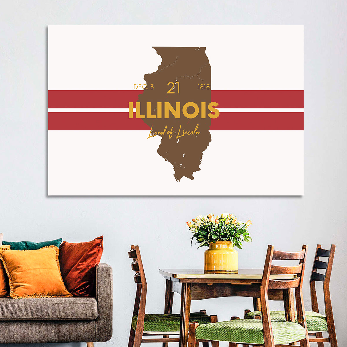 Illinois Map Land of Lincoln Wall Art in a room, landscape
