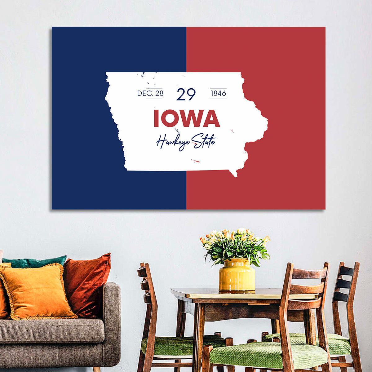 Hawkeye State Map Typography Wall Art in a room, landscape