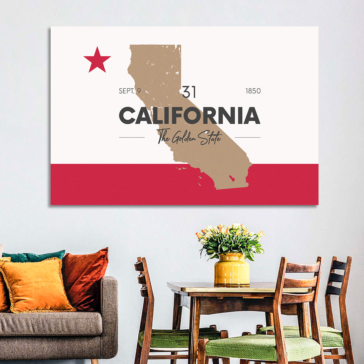 California Map with Red Star Wall Art in a room, landscape
