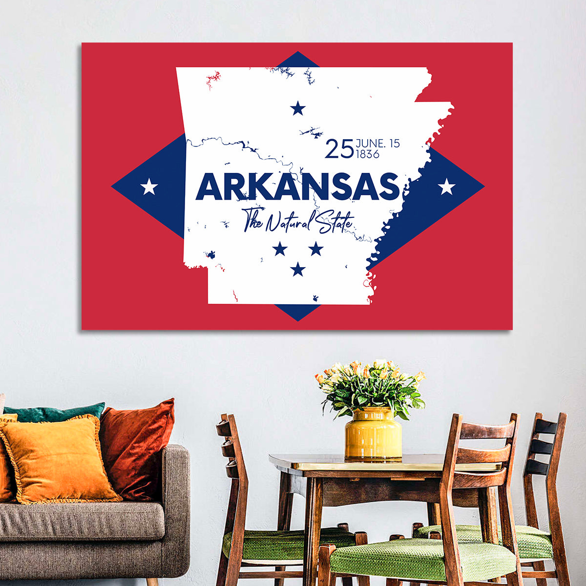 Patriotic Arkansas Map Wall Art in a room, landscape