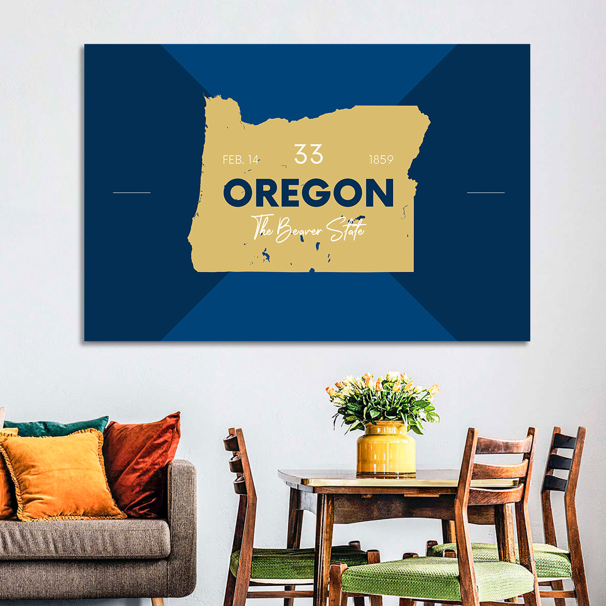 Oregon Typographic Map Wall Art in a room, landscape