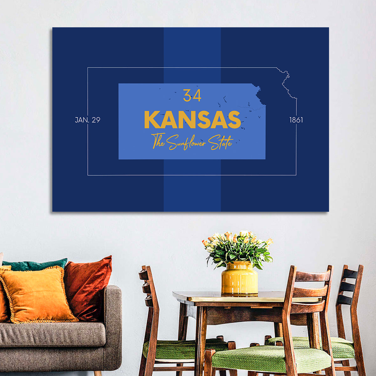 Kansas Typographic Map, Blue and Gold Wall Art in a room, landscape