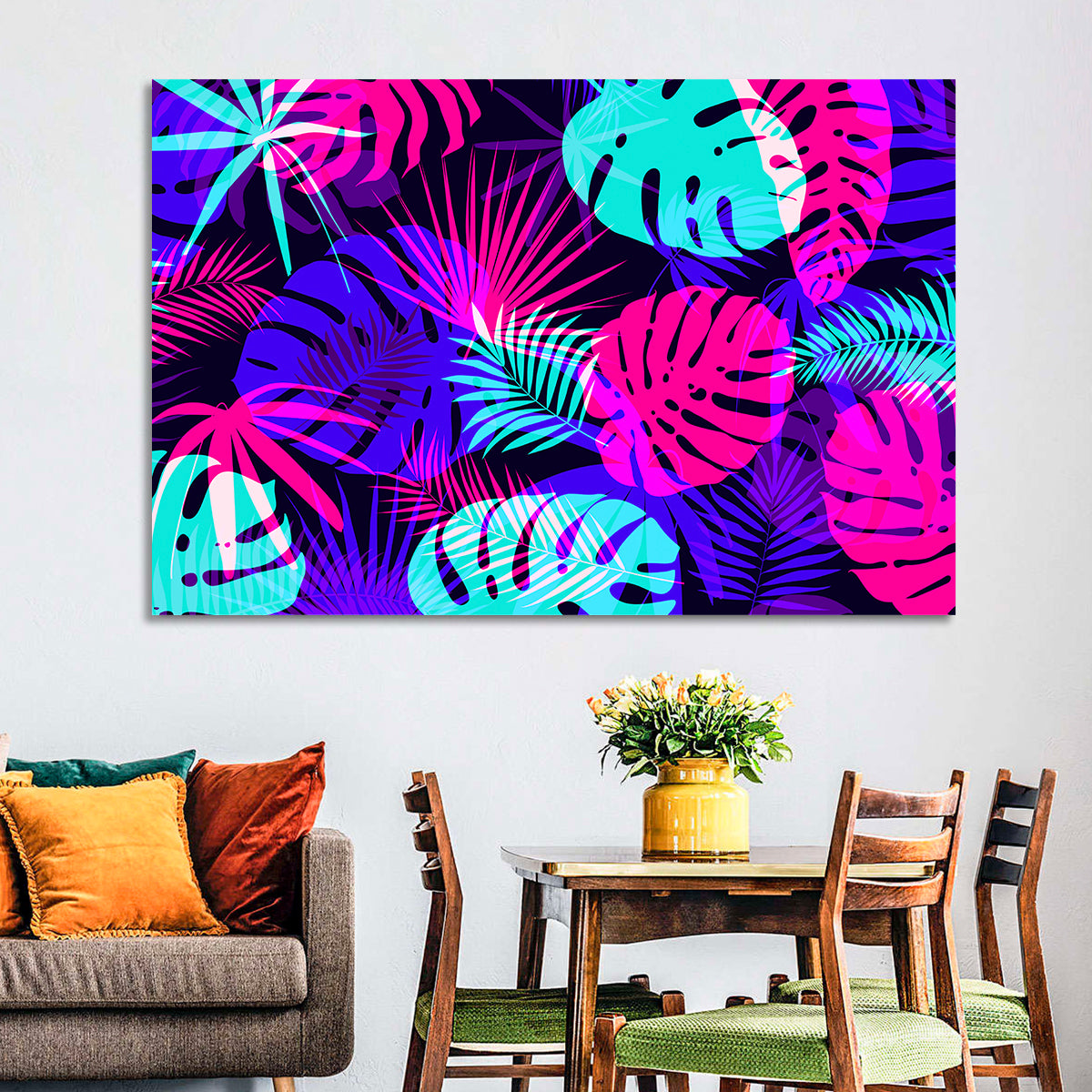 Neon Tropical Leaves Wall Art in a room, landscape