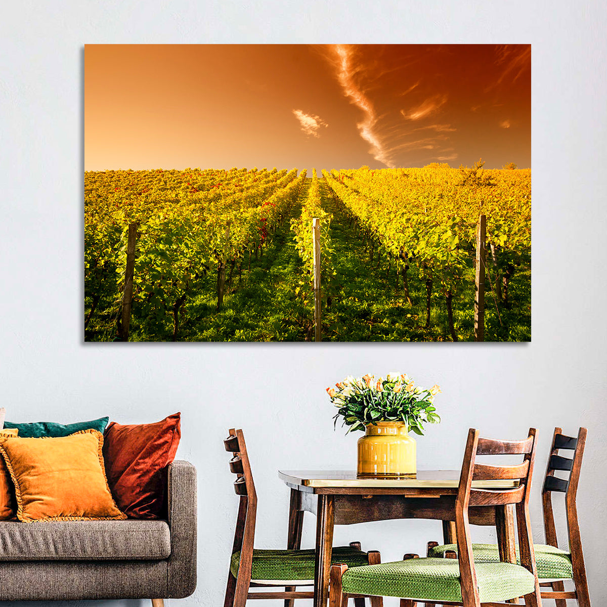 Golden Vineyard Sunset Wall Art in a room, landscape