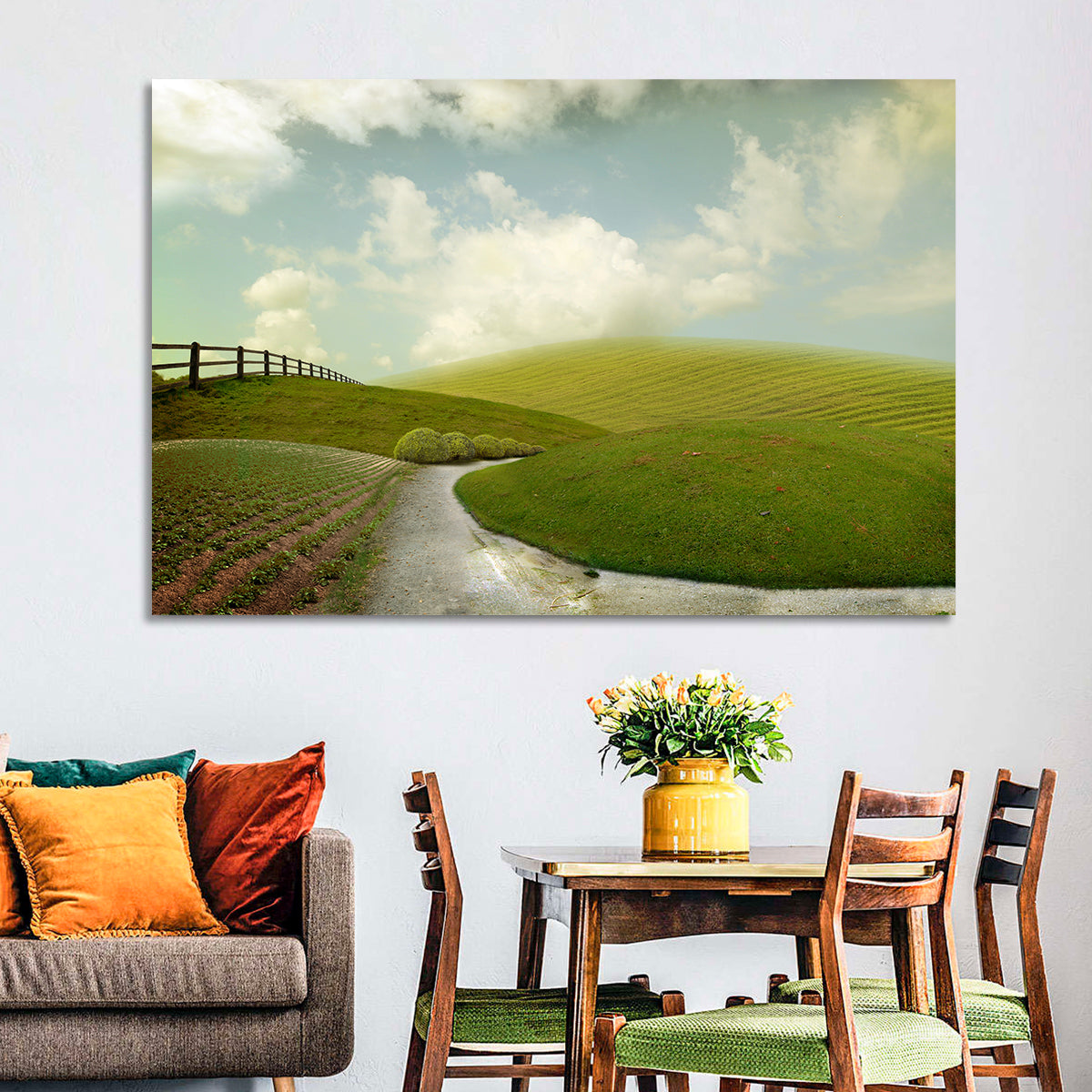 Winding Road Through Rolling Hills Wall Art in a room, landscape