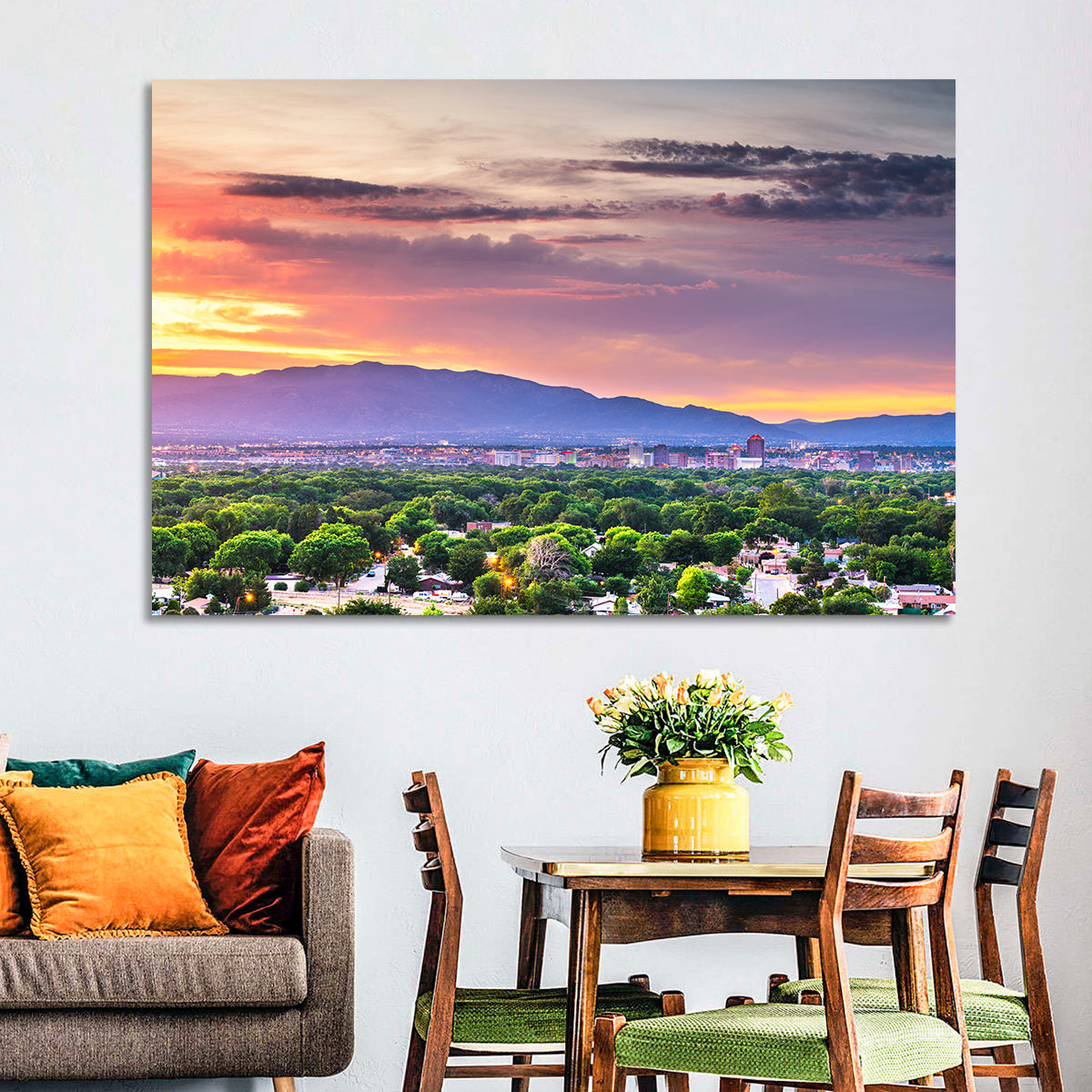 Albuquerque Skyline at Dusk Wall Art in a room, landscape