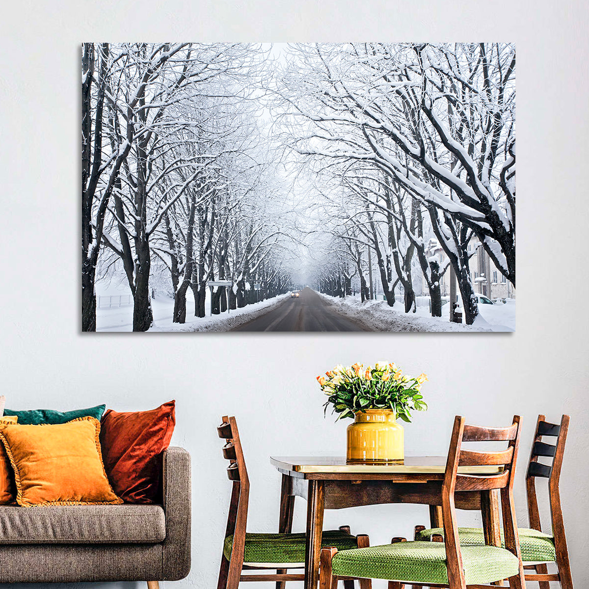 Snowy Road with Distant Headlights Wall Art in a room, landscape